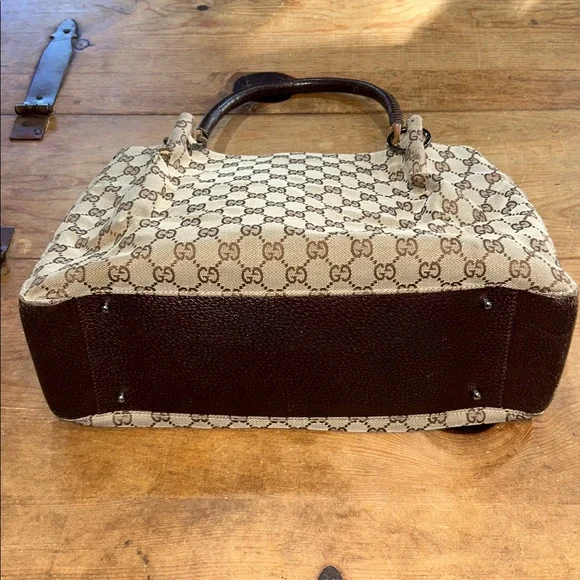 Gucci GG Canvas Tote Bag Brown Beige Leather Handles Classic Authentic - Picture 10 of 12